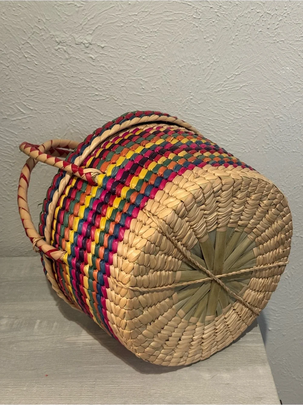 Handwoven Multicolor Woven Basket with Handle